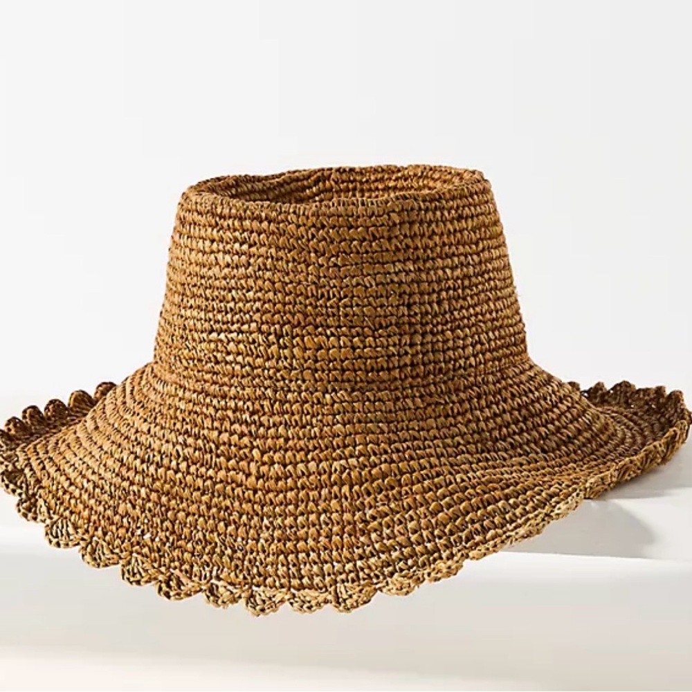 Anthropologie Wyatt Evelyn Boater Bucket Hat Honey Raffia One Size Travel New - Picture 8 of 8